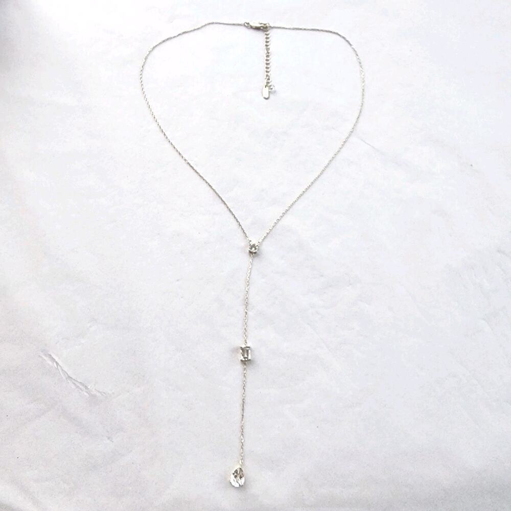 Lariat Necklace Sterling Silver 925‎ Dainty CZ's Crystal Extra Long Drop Plunge